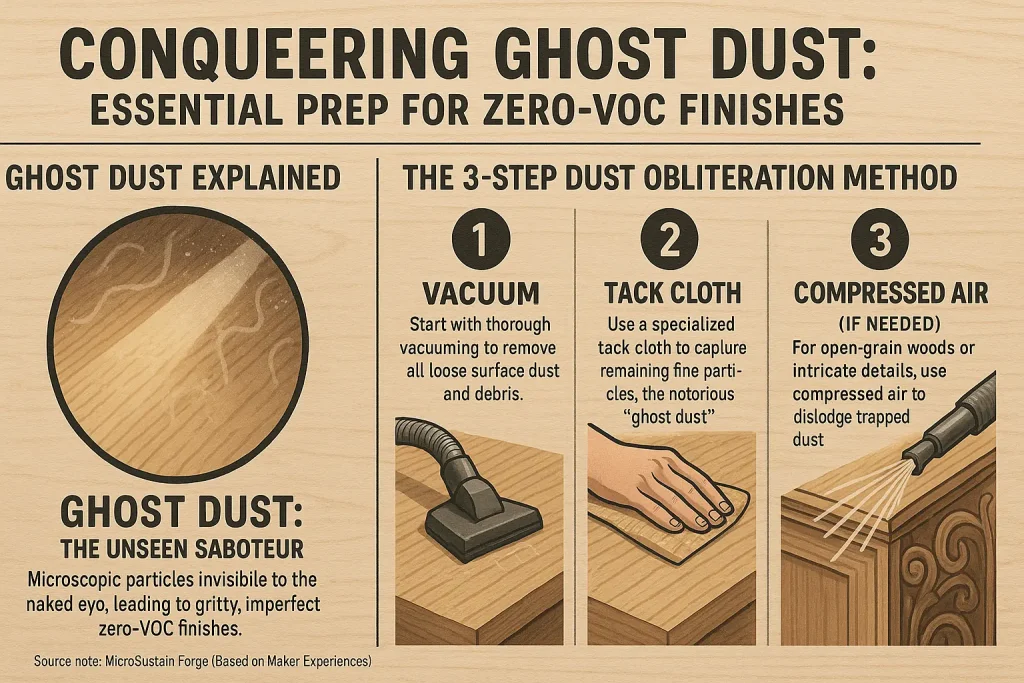 Infographic: Wood dust removal steps & tools, tackling 'ghost dust' for flawless zero-VOC finish surface preparation.
