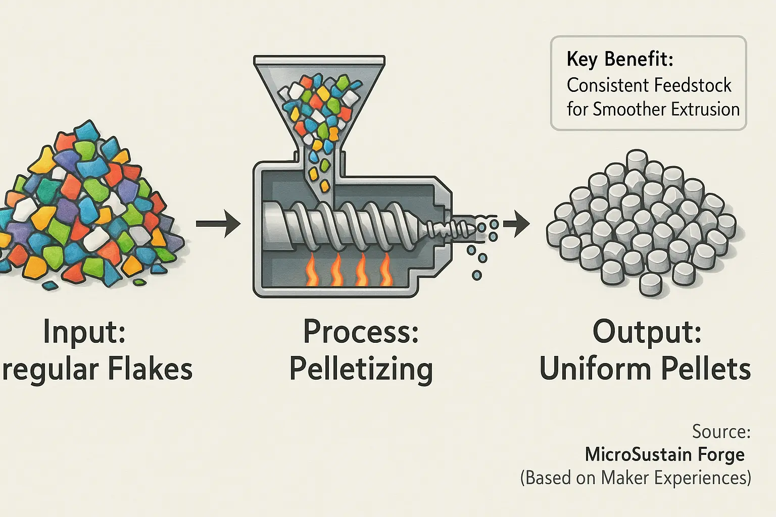 Irregular plastic flakes transformed into uniform pellets: pelletizing failed 3D prints to improve extrusion.