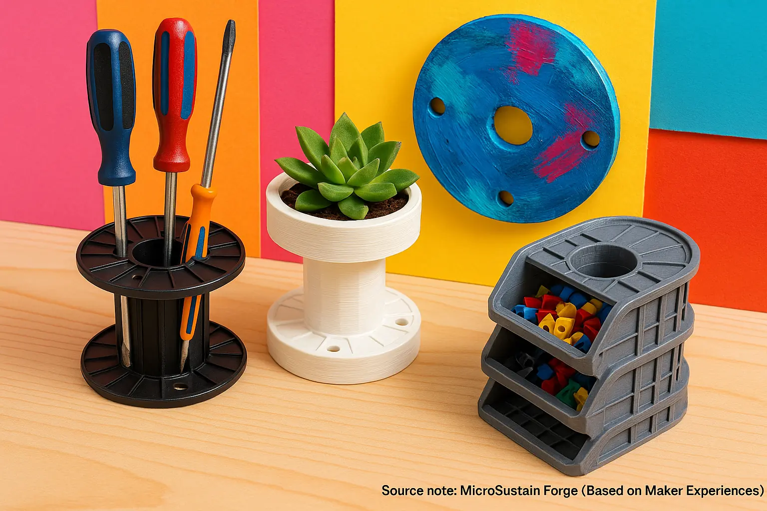 Collage showcasing creative reuse ideas for empty 3D printing filament spools: organizers, art, decorative items.