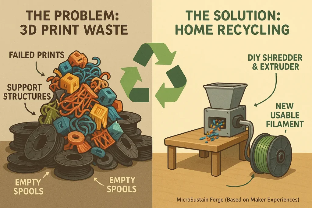 3D print waste mountain (failed prints, supports, spools) as problem, with appealing home recycling visuals offering a