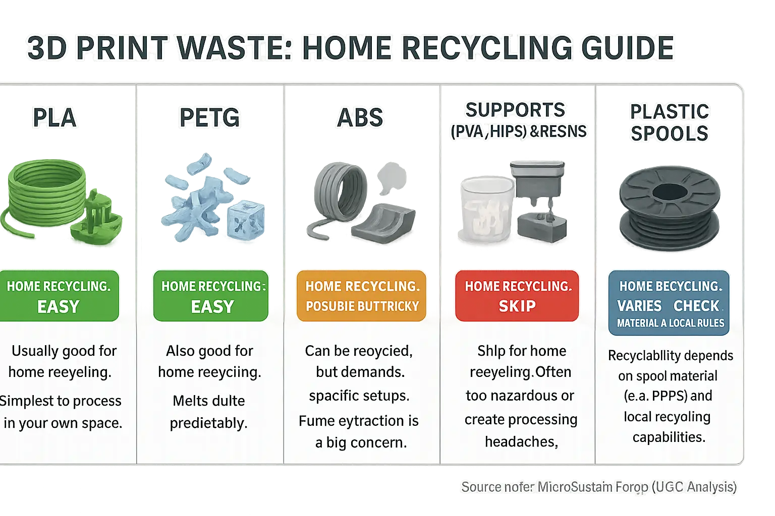 Infographic: Recyclability of 3D wastes (PLA, PETG, ABS, supports, spools) with icons: Easy, Possible but Tricky, Skip.