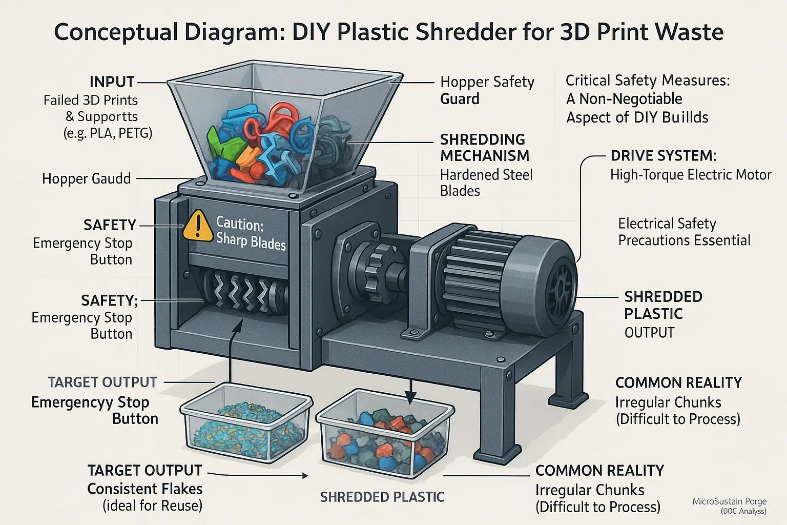 Conceptual diagram of a DIY plastic shredder with motor, blades, hopper, output, highlighting safety features for maker
