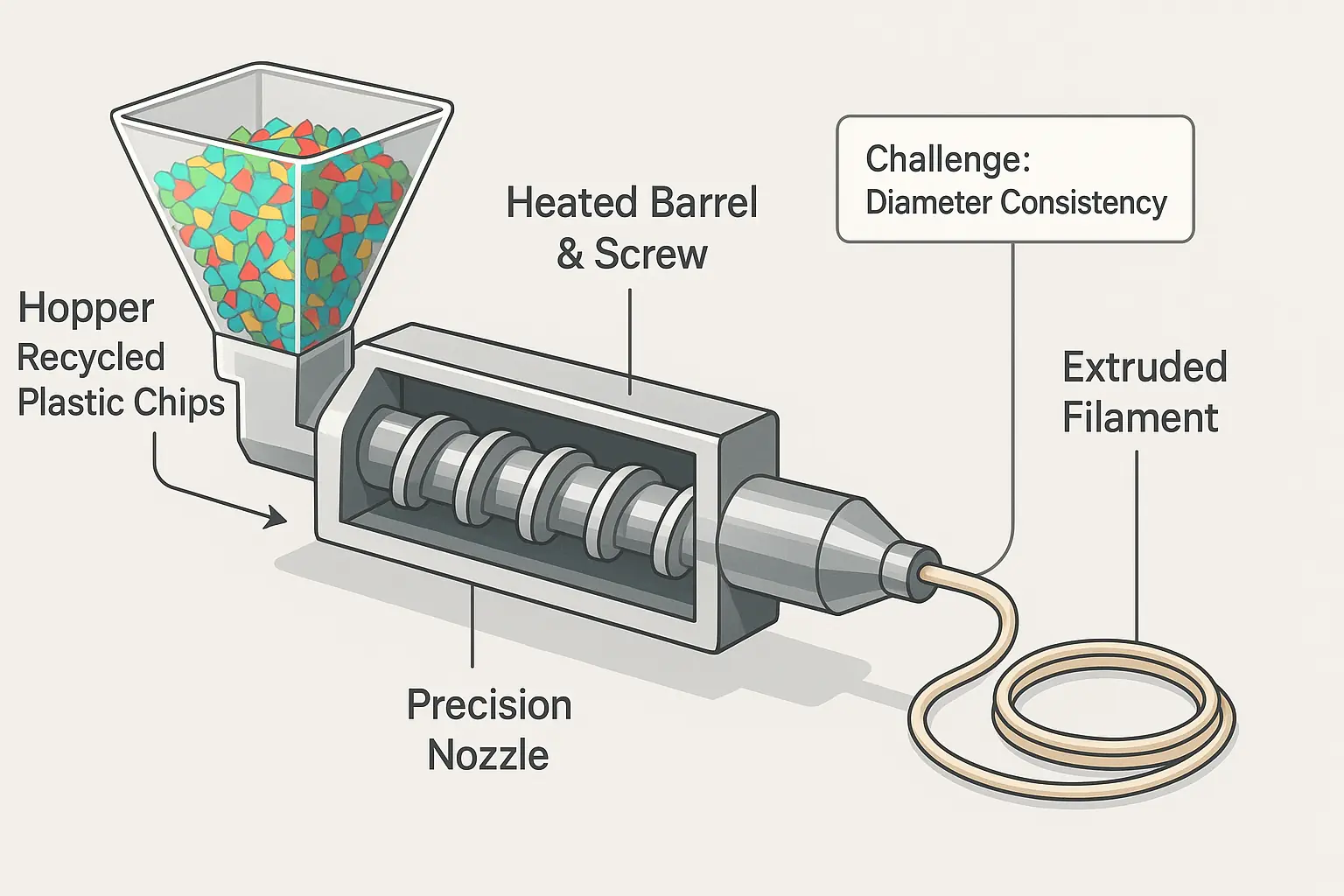 DIY filament extruder core process: hopper, heated barrel, screw, nozzle extruding filament for homemade 3D printing