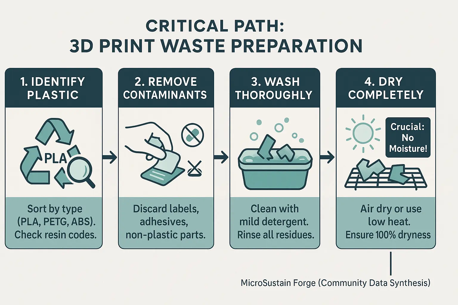 Simple 3D print waste sorting flowchart: Identify Plastic Type, Remove Contaminants, Wash, then Dry.
