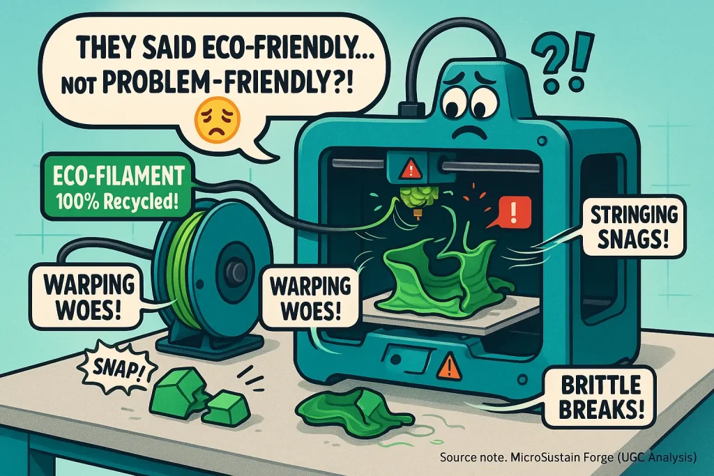 Infographic: Common eco-filament issues like stringing, warping, clogging on a 3D printer, causing unexpected maker