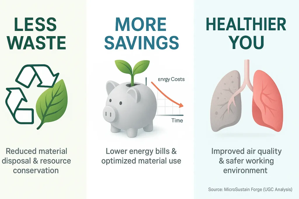 Infographic: Why sustainable workshops matter—Less Waste, More Savings, Healthier You—shown with simple, modern icons.