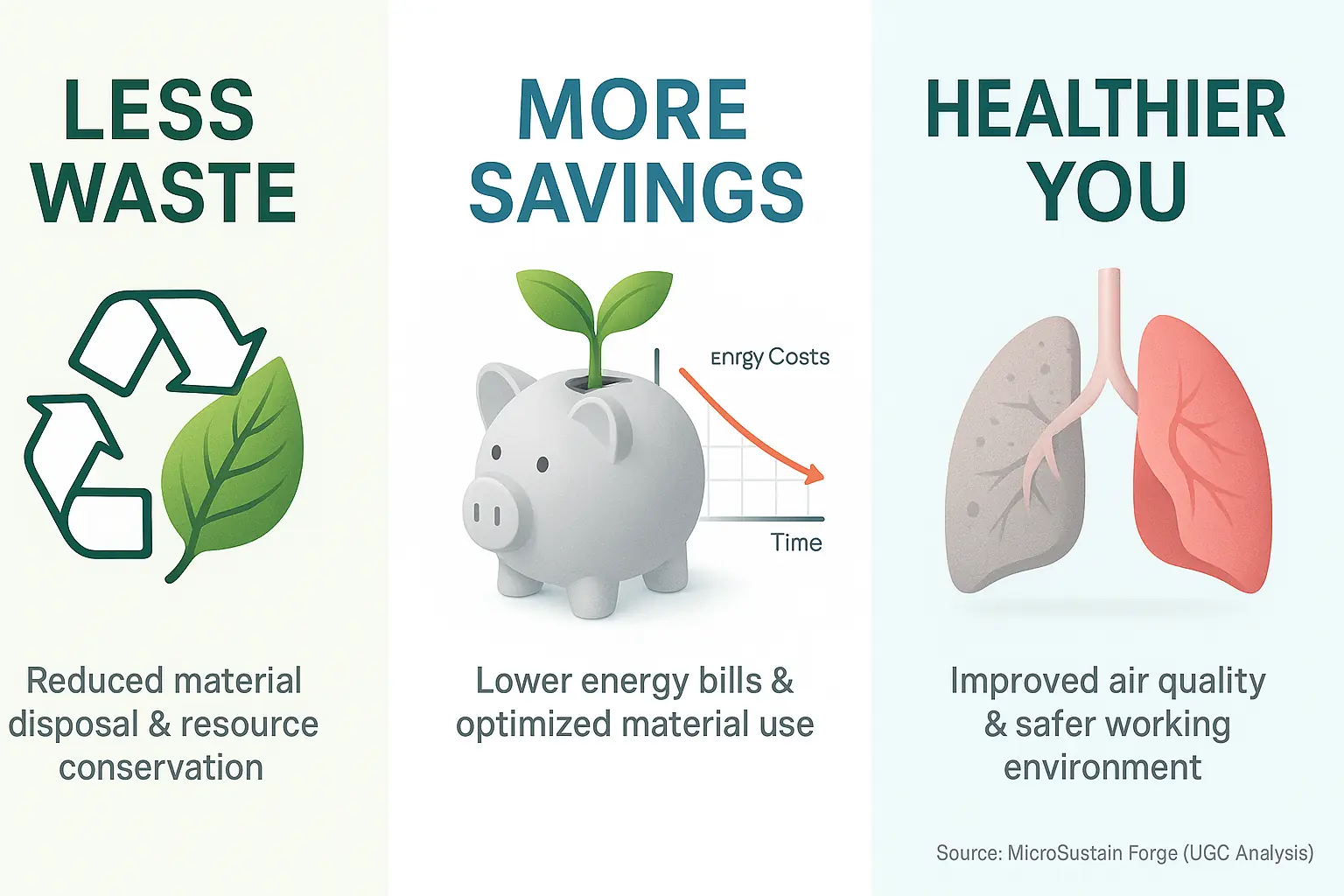 Infographic: Why sustainable workshops matter—Less Waste, More Savings, Healthier You—shown with simple, modern icons.