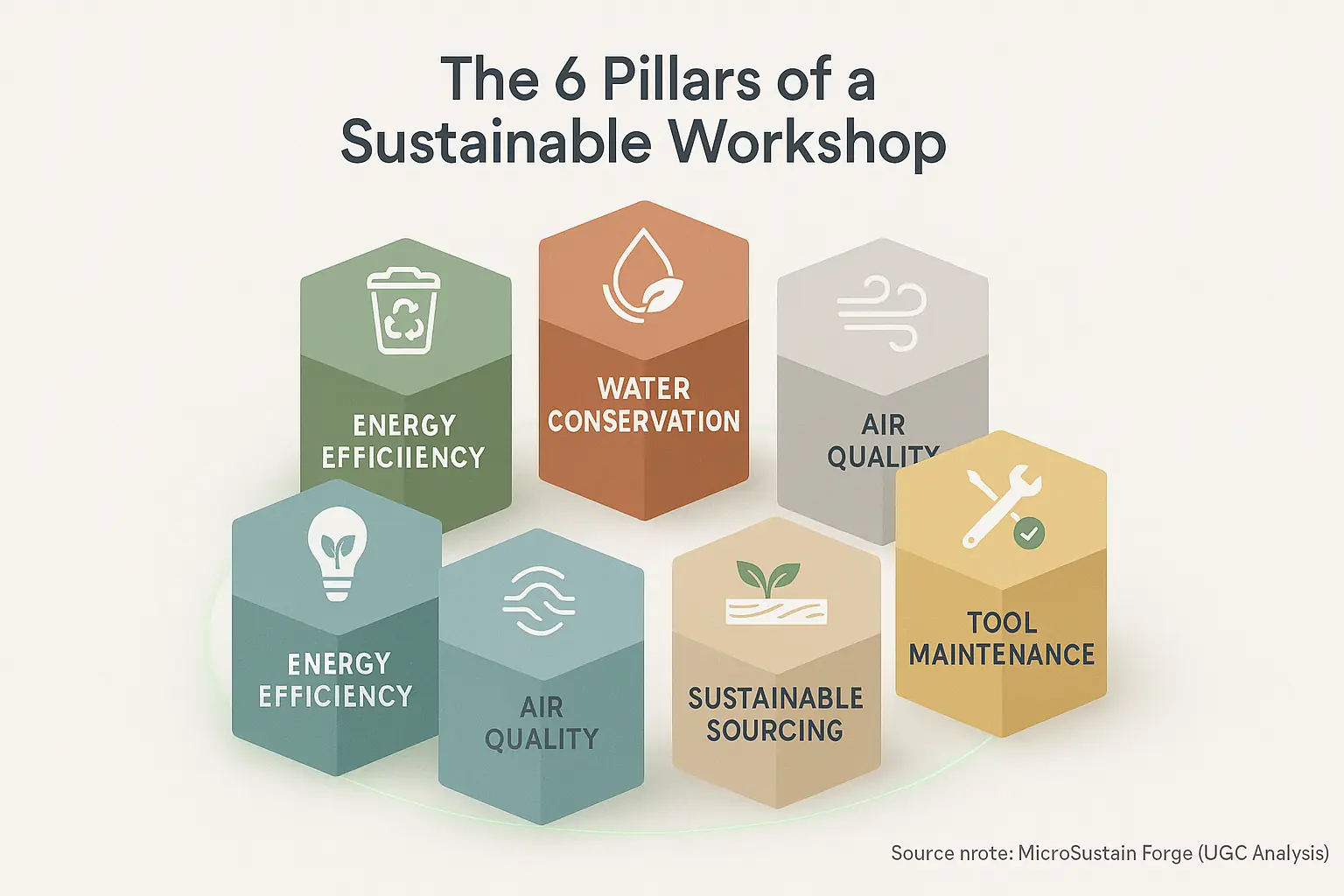 6 interconnected pillars representing sustainable workshop areas: Waste, Energy, Water, Air, Sourcing, Tools, with icons.