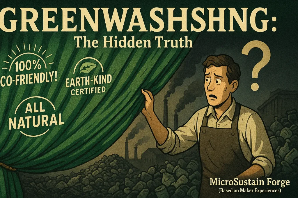 Greenwashing visual metaphor: green curtain and smoke obscure truth from a confused maker in the maker world.