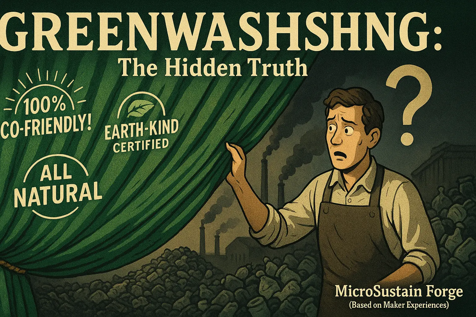 Greenwashing visual metaphor: green curtain and smoke obscure truth from a confused maker in the maker world.