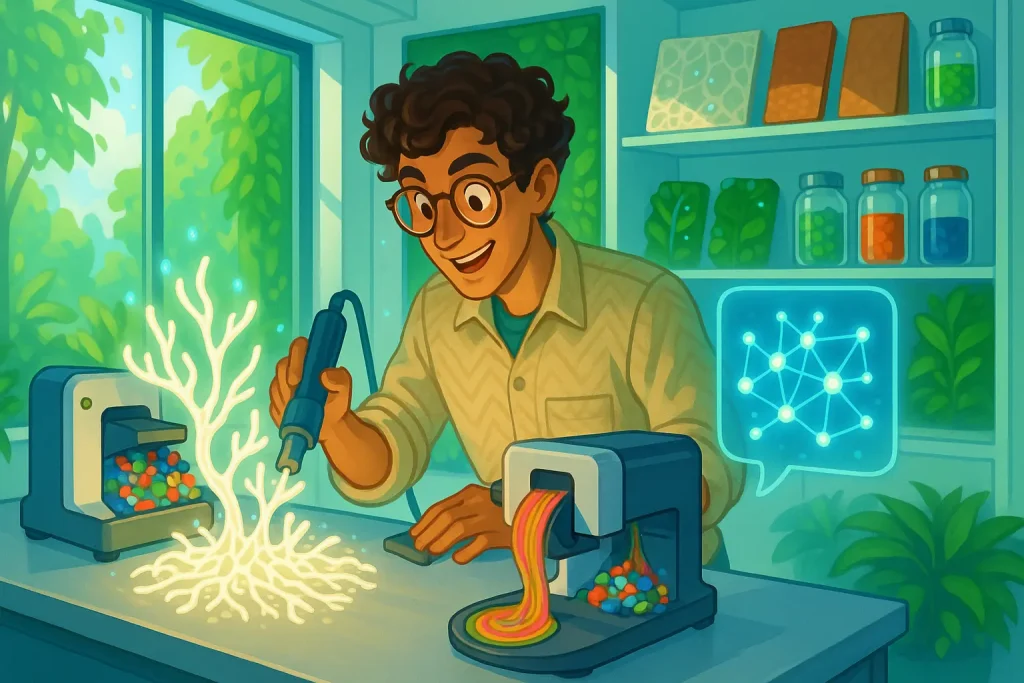 Curious maker in futuristic eco-workshop uses glowing plant-based materials & DIY tools for cutting-edge eco-innovation.