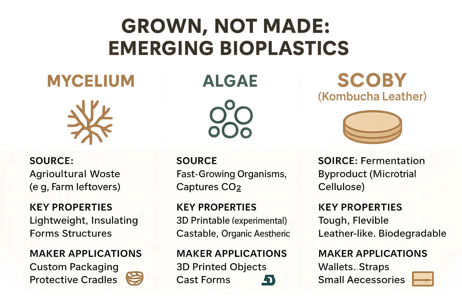 Infographic comparing grown bioplastics: Mycelium, Algae, SCOBY by source, key properties, & maker applications.