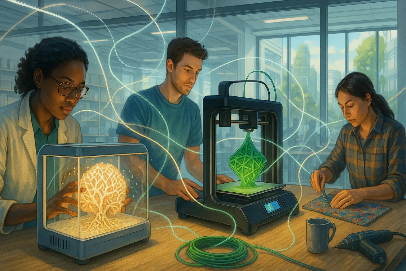 Diverse makersβ3D printer user, woodworker, crafterβunite with sustainable materials, forging a hopeful eco-future.