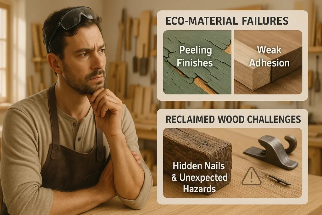 Infographic depicting common eco-woodcraft frustrations—peeling paint, weak glue, hidden nails—and a puzzled but determined