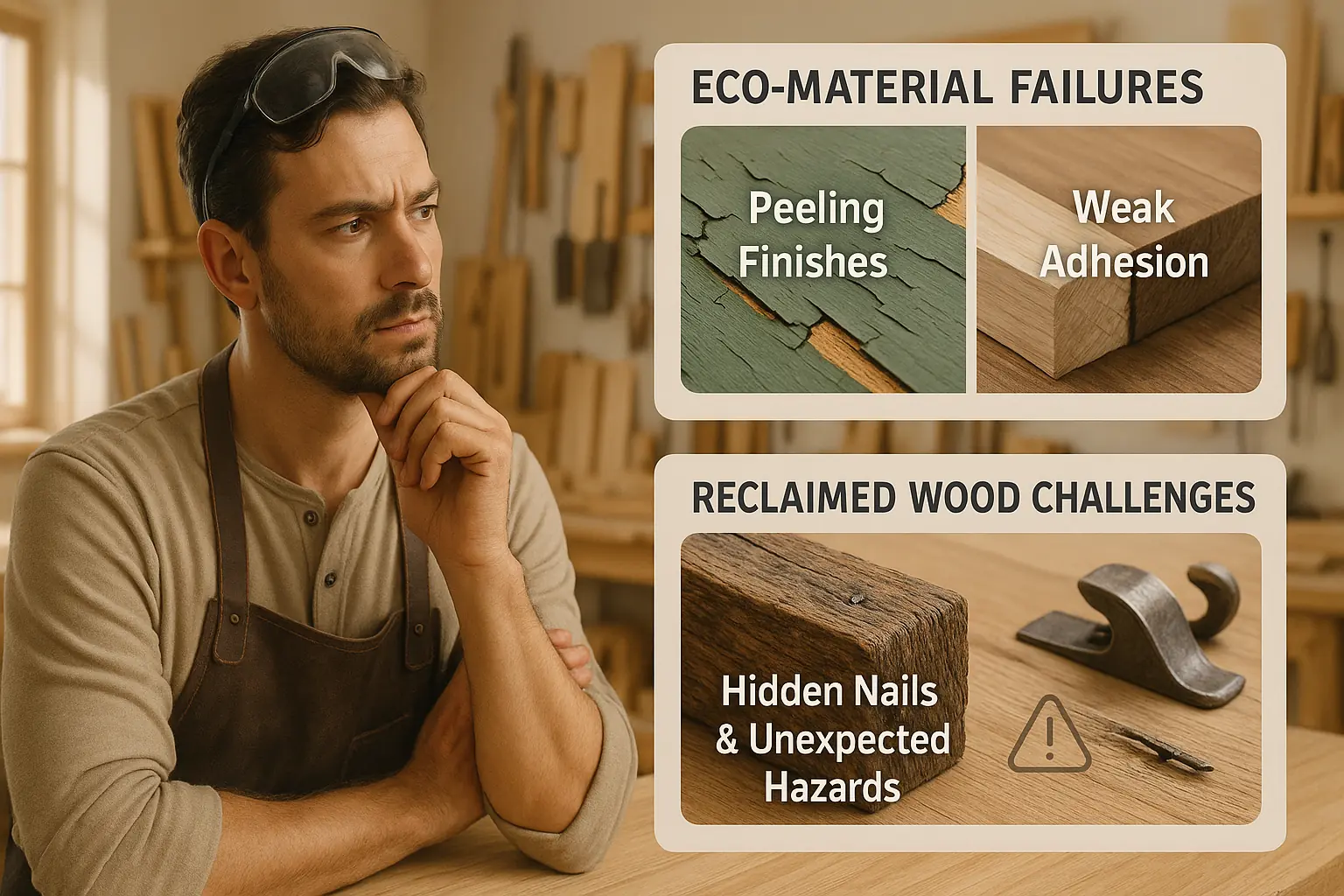 Infographic depicting common eco-woodcraft frustrations—peeling paint, weak glue, hidden nails—and a puzzled but determined