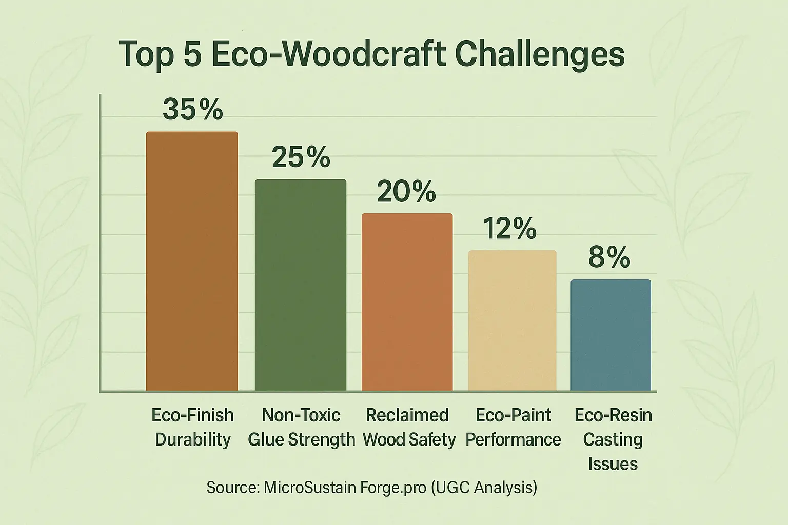 Bar chart: Top 5 eco-woodcraft hurdles from UGC, e.g., eco-finish durability, glue strength, reclaimed wood safety.