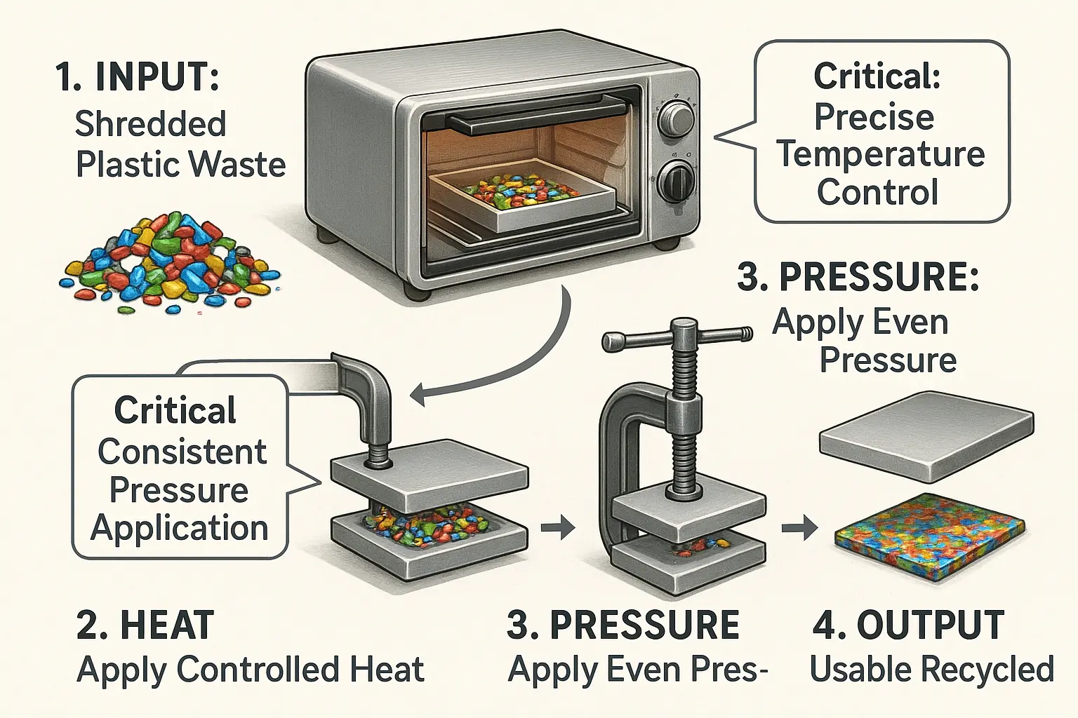 Infographic: Step-by-step DIY heat press for plastic sheets, showing shredded plastic, heat source, pressure for community