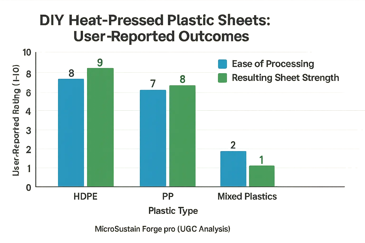 Bar chart: For DIY sheets, HDPE leads PP & mixed plastics in user-reported processing ease & sheet strength.