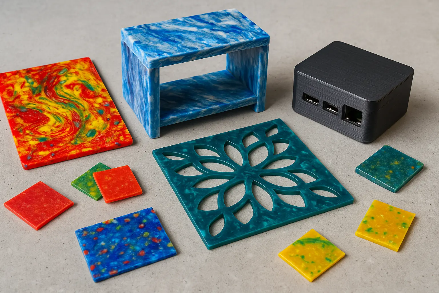 Inspiring collage of recycled plastic projects: shelf, art, panel, enclosure, showcasing creative uses, colors & textures.