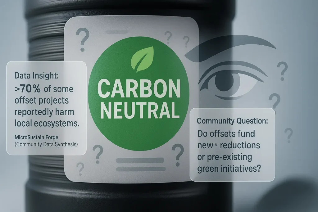 Infographic: 'Carbon Neutral' label under skeptical scrutiny (eye, question marks), questioning marketing vs. reality.