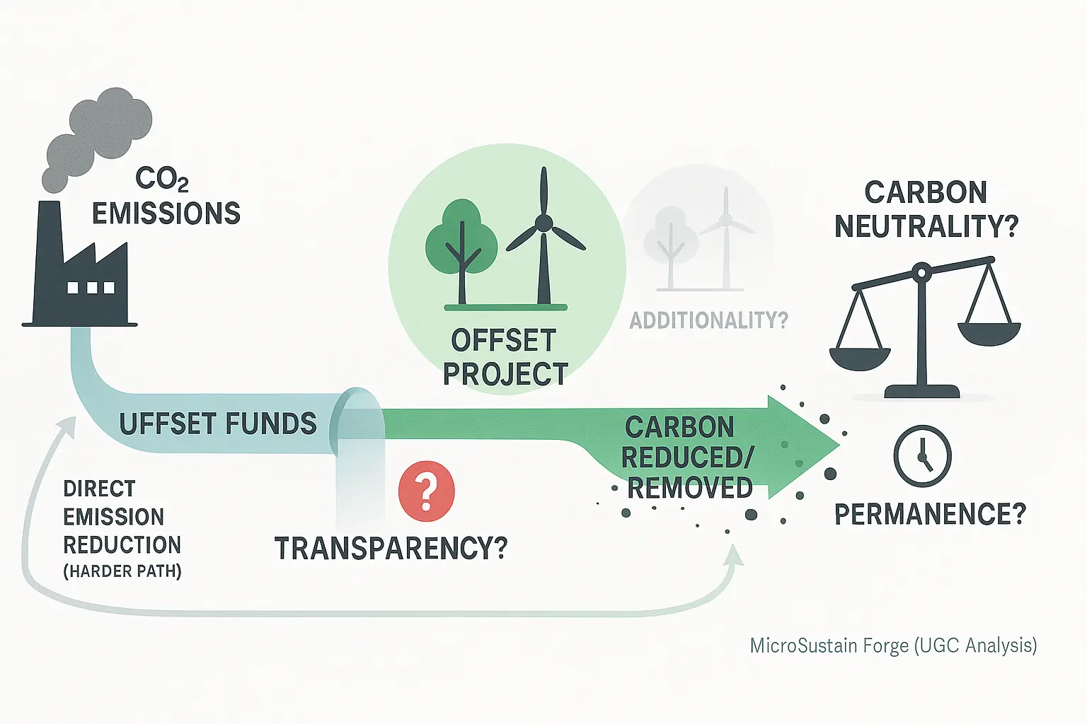 Schematic flow of carbon offsetting: company emits, pays for project, project reduces emissions—with visual gaps showing
