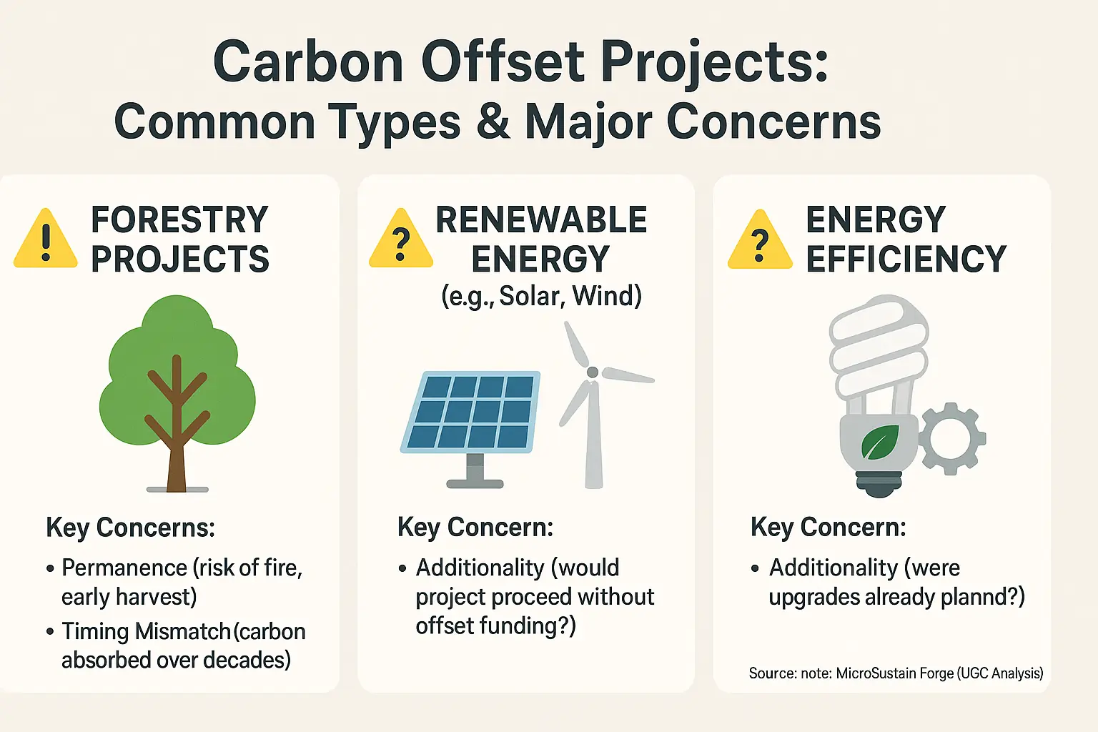 Carbon offset icons: trees, turbines, solar panels, each with a warning symbol highlighting common flaws & criticisms.