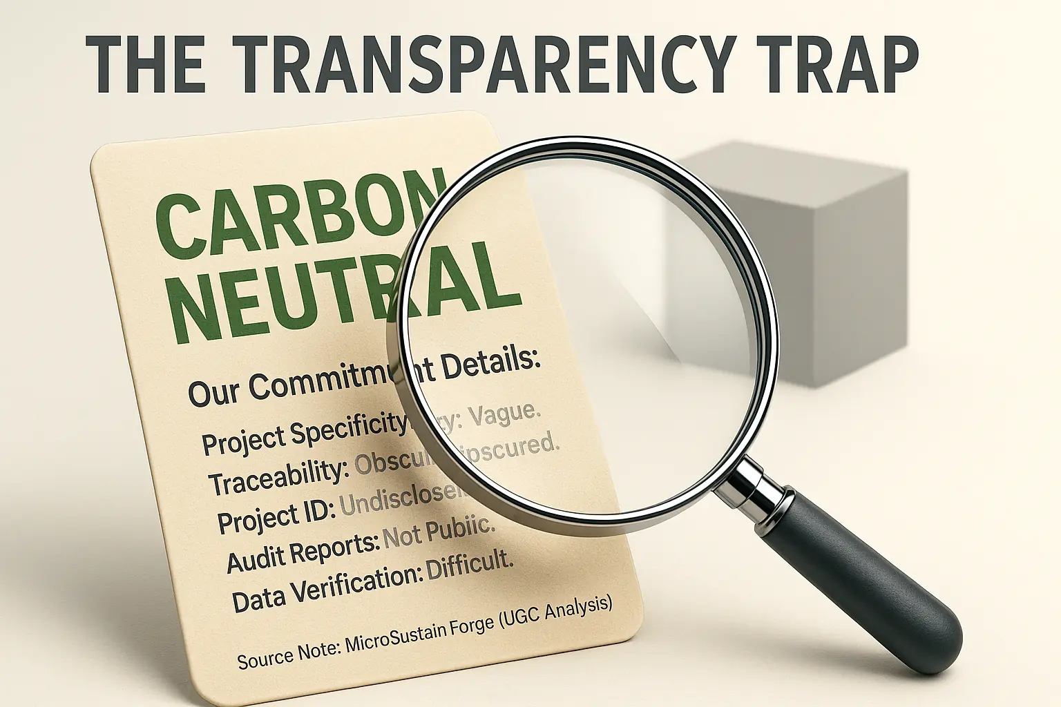 Magnifying glass scrutinizes tiny 'carbon neutral' label, symbolizing transparency issues in carbon offset claims.