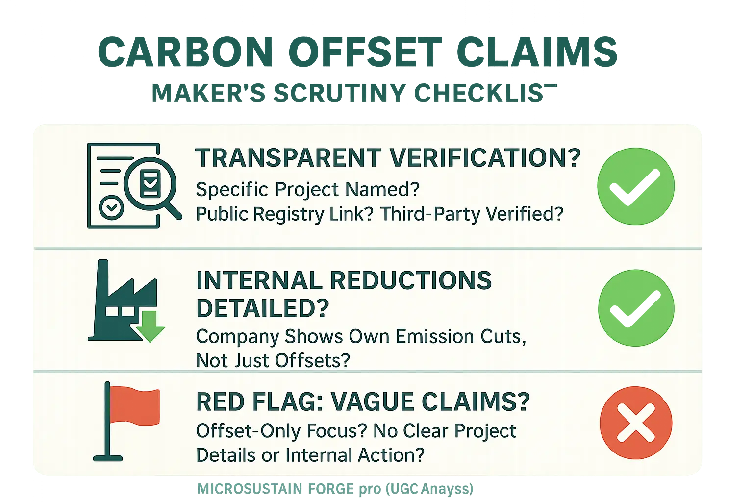 Icon-based checklist scrutinizing carbon offsets: green checks for transparent claims, red X's for verification red flags.