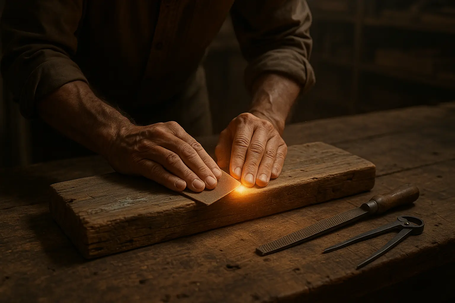 Hands actively sort recycled plastic, warmly lit & subtly glowing, forging real workshop sustainability.
