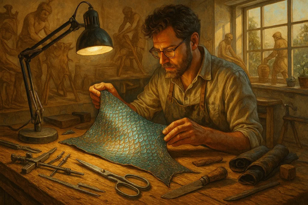 Modern maker crafting unique, textured fish skin leather, merging ancient tanning traditions with eco-conscious contemporary