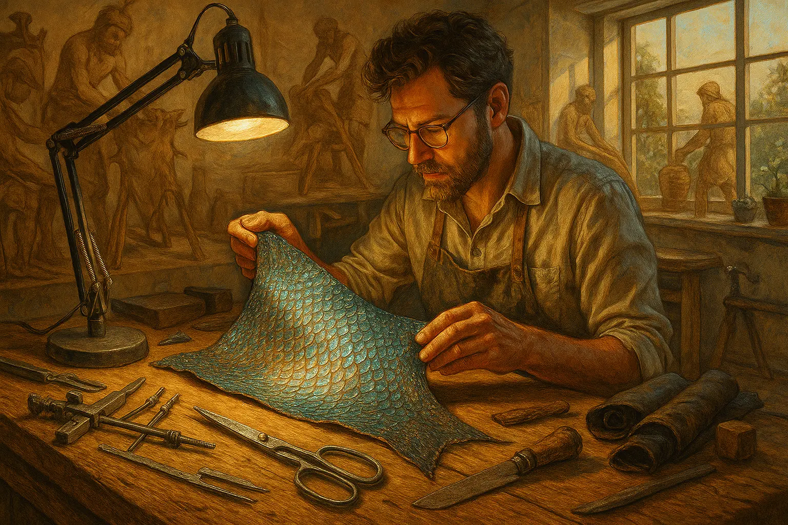 Modern maker crafting unique, textured fish skin leather, merging ancient tanning traditions with eco-conscious contemporary