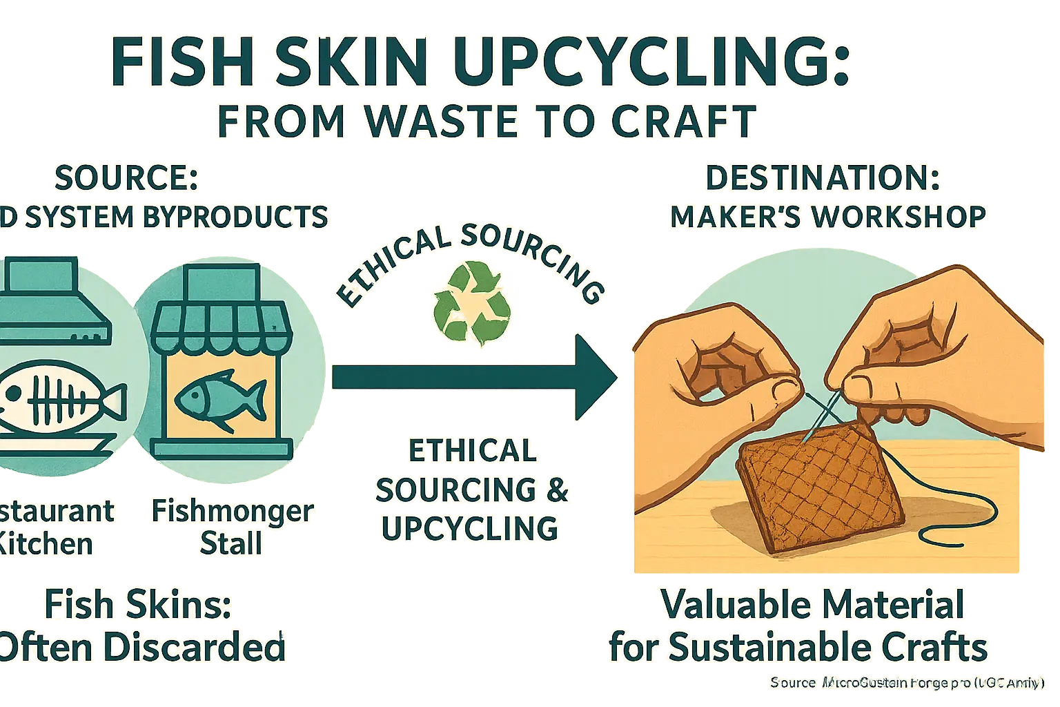 Infographic: Simplified fish skin supply chain from restaurant/fishmonger waste to maker&#x27;s workshop, emphasizing ethical