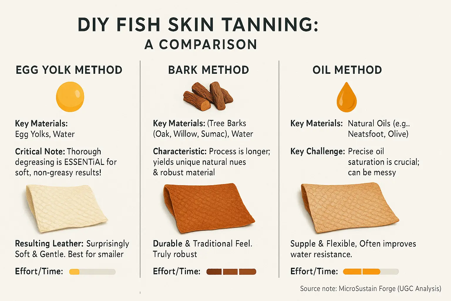 Comparing materials, time, typical results for 3 community-vetted DIY fish skin tanning methods: Egg Yolk, Bark, Oil.