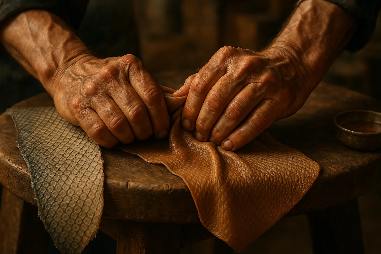 Maker&#x27;s hands stretch and soften fish skin leather, showing its transformation from stiff to pliable for finishing.
