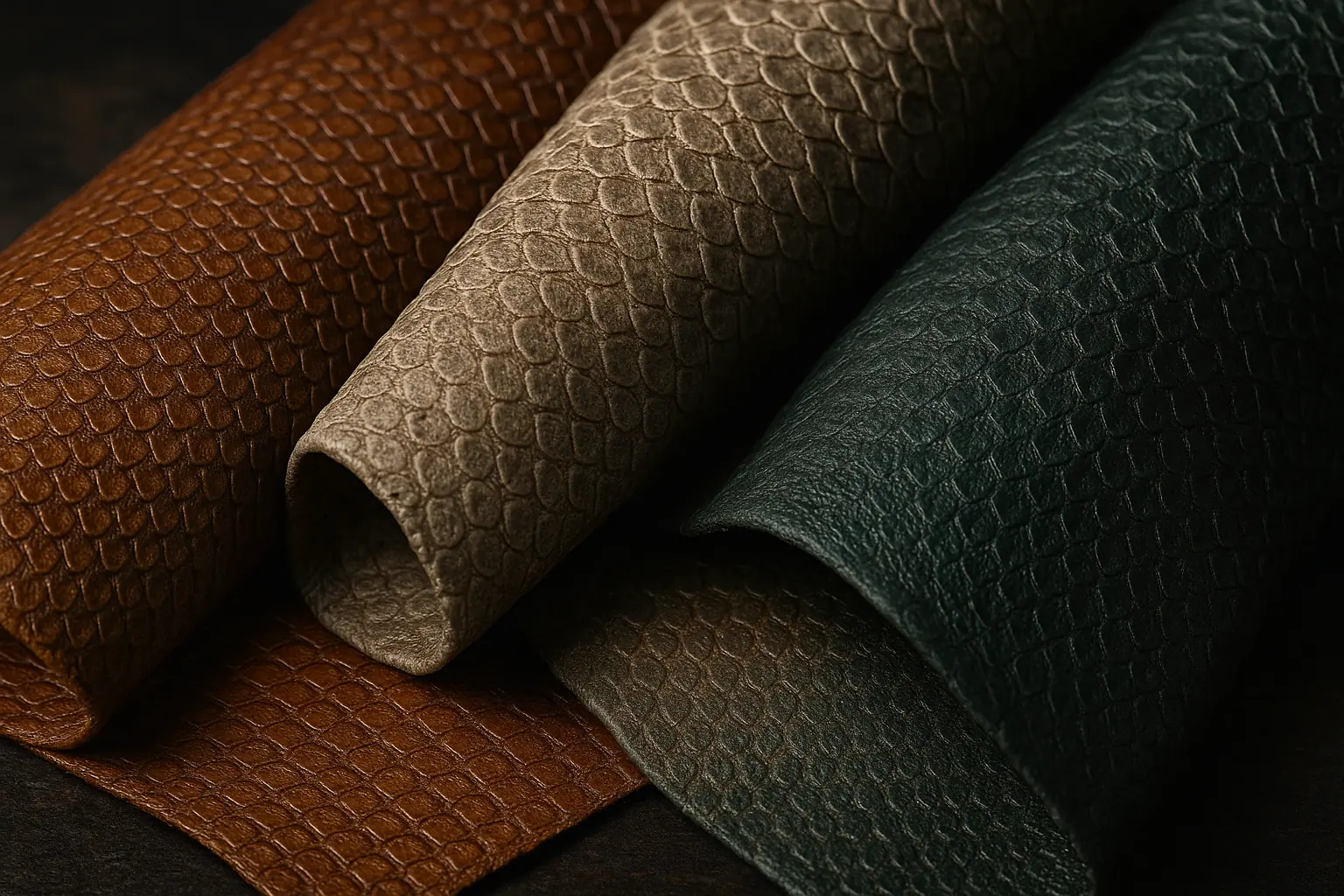 Close-up of salmon, cod, perch fish leathers, showcasing distinct scale patterns and unique textures for makers.