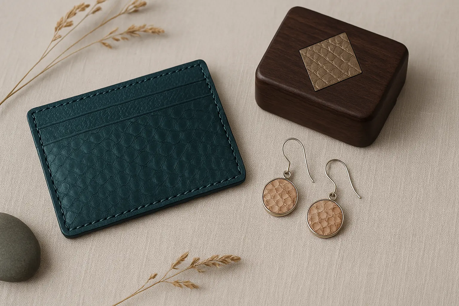 Collage of elegant fish skin leather crafts: wallet, jewelry, inlay, showcasing versatility and inspiring project ideas.