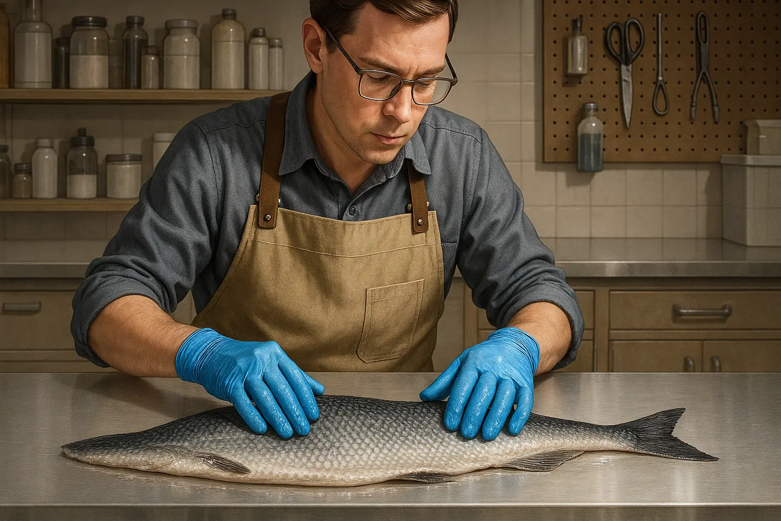 Maker in PPE (gloves, apron) handles raw fish skins, emphasizing hygiene and safety for responsible crafting.