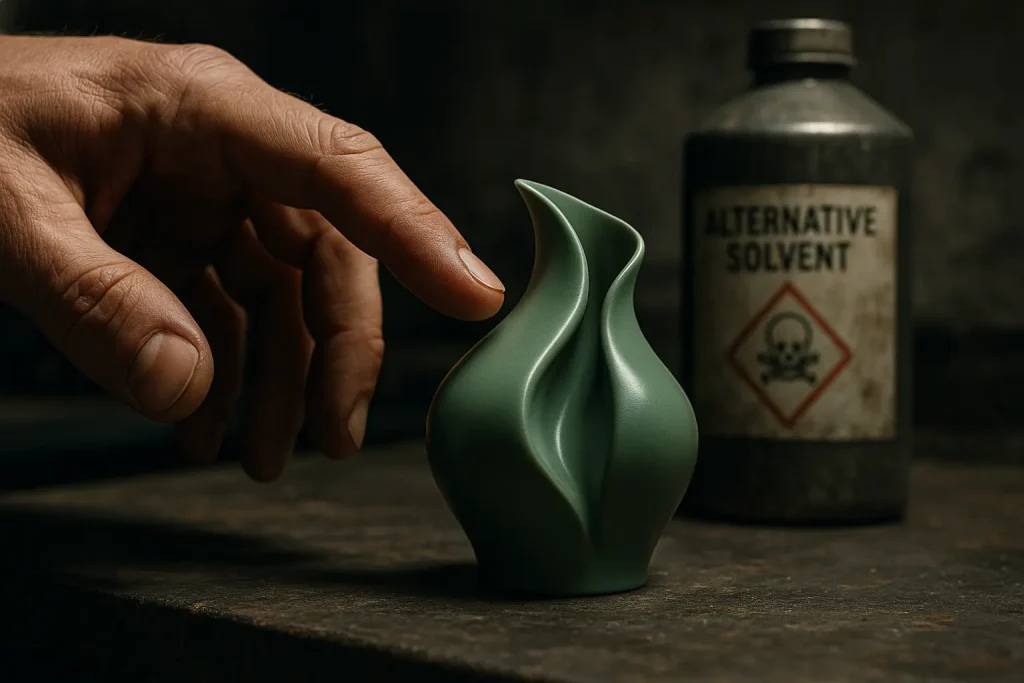 Smooth eco-print lures hand, but a glowing toxic symbol warns of chemical smoothing's hidden safety risks.