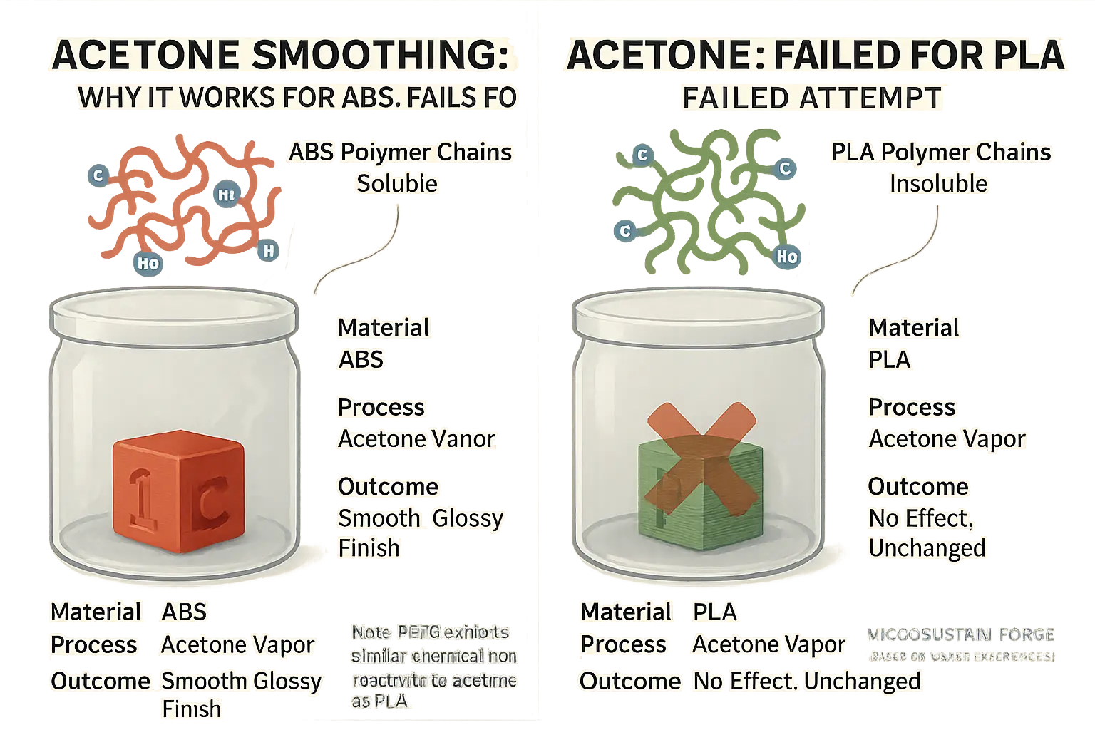 Infographic: ABS dissolves in acetone vapor; PLA/PETG unaffected, showing why acetone smoothing fails them due to chemical