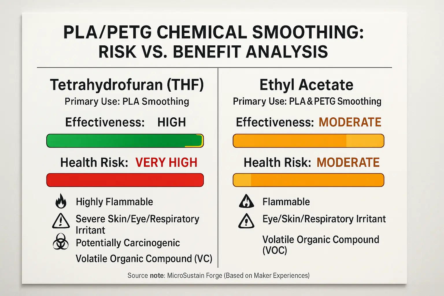 PLA/PETG chemical smoother risk-benefit scale: effectiveness vs. health/safety, with clear danger icons for informed choices.