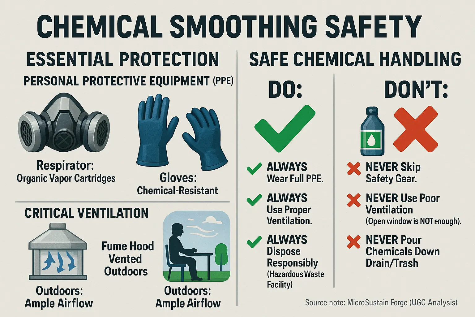 Infographic checklist: Critical safety gear (respirator, gloves, goggles, fume hood) &amp; handling dos/don&#x27;ts for chemical
