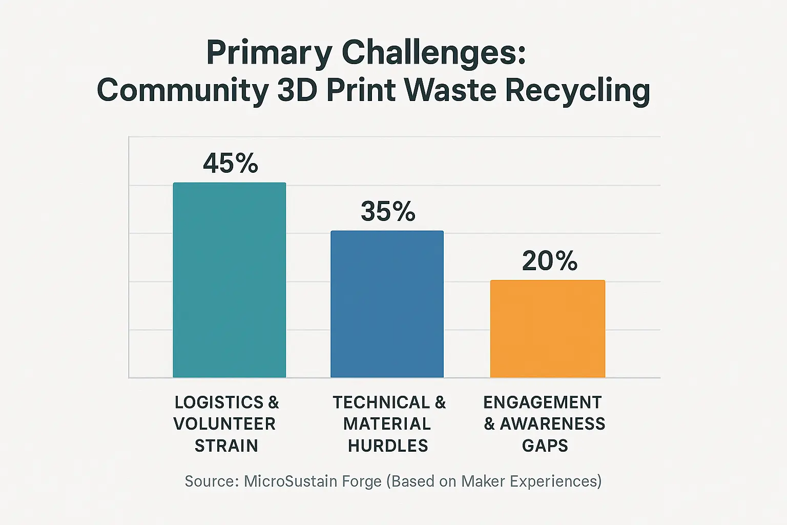 Bar chart: Successful community recycling initiatives report Engagement (45%) as top challenge, then Funding (35%),