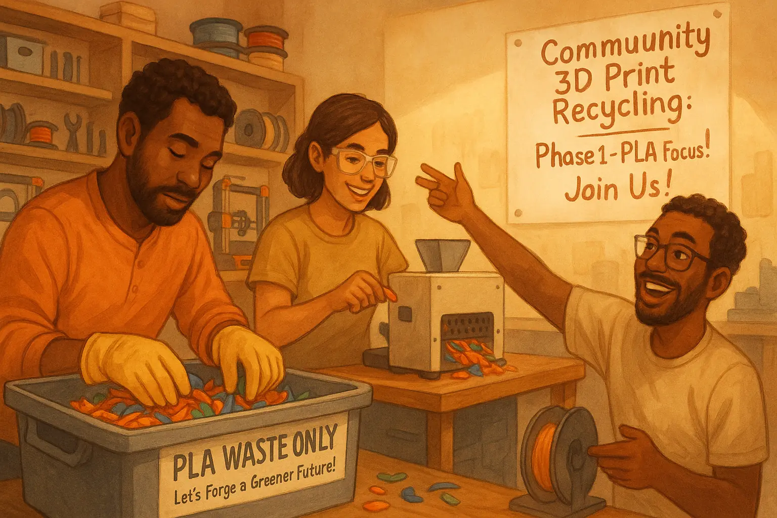 Diverse makers collaborating on 3D print recycling: sorting plastic, operating shredder, discussing local program plans.