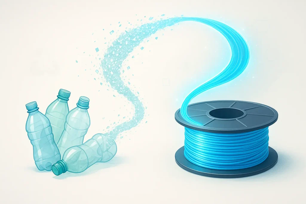 Conceptual: PET bottles transforming into a 3D printer filament spool, turning trash to DIY treasure.