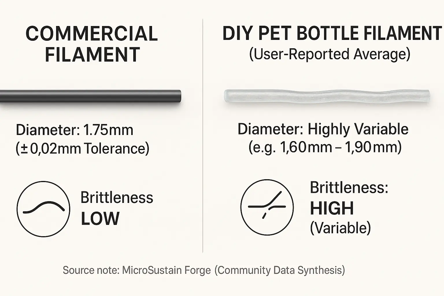 Infographic: DIY PET filament shows higher diameter variability &amp; brittleness vs. commercial, per conceptual user data.