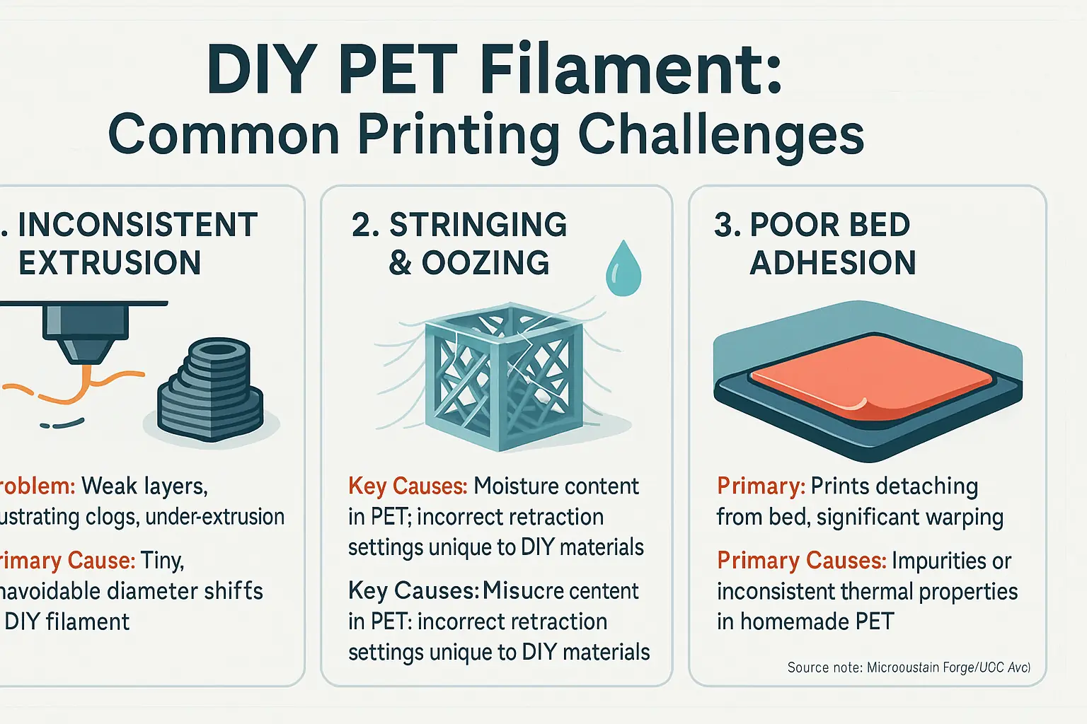 Infographic: Common DIY PET printing challenges—clogging, stringing, poor adhesion—with icons &amp; descriptions.