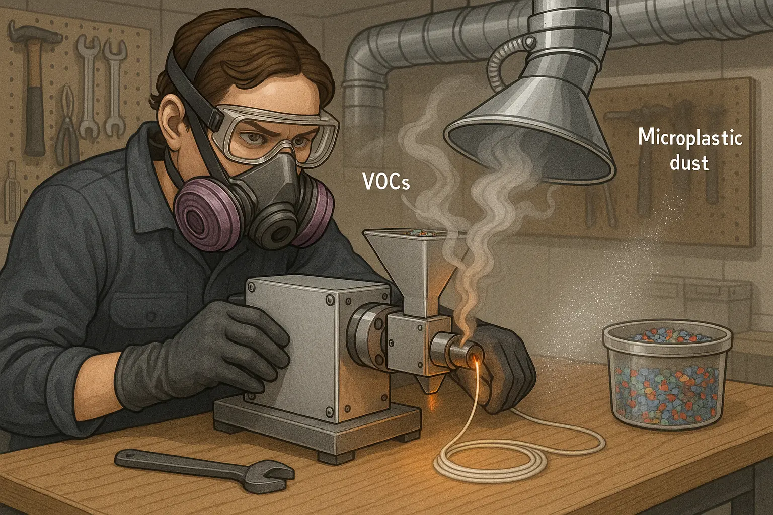 Maker in full PPE (respirator, goggles, gloves) safely operates DIY plastic machine, emphasizing PET processing safety.