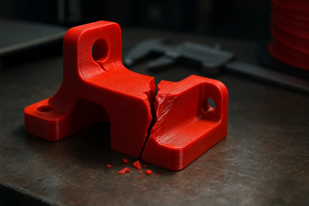 Cracked 3D printed PLA object in workshop, highlighting its fragility as a key PLA limitation.