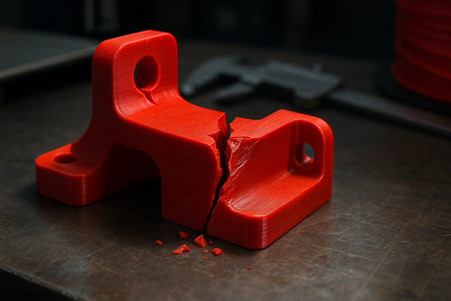 Cracked 3D printed PLA object in workshop, highlighting its fragility as a key PLA limitation.
