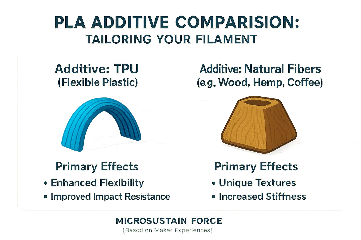 Infographic: What makers add to PLA – common additives (TPU, bioplastics, fibers) and their primary effects on flexibility,